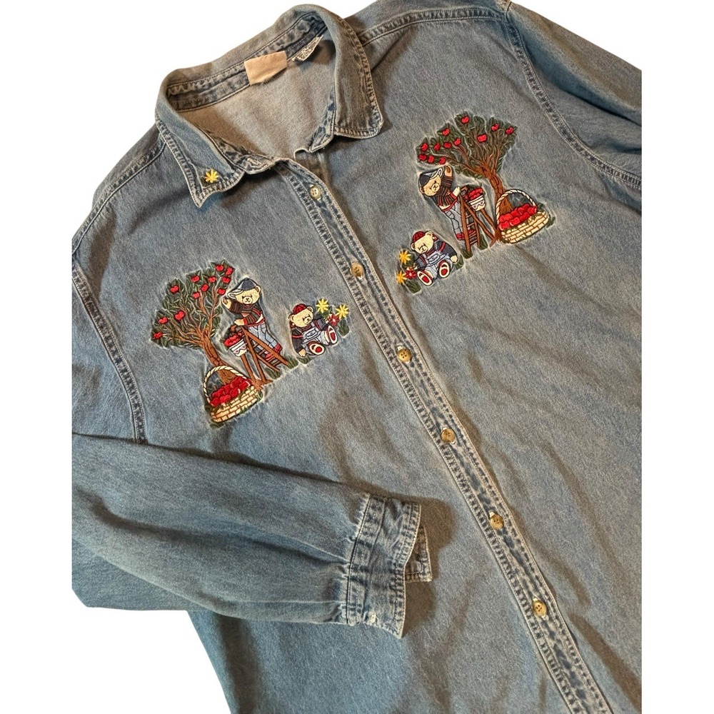 Bobbie Brooks ‎ Embroidered Denim Button Up Shirt Teacher Apples Bears Size XL